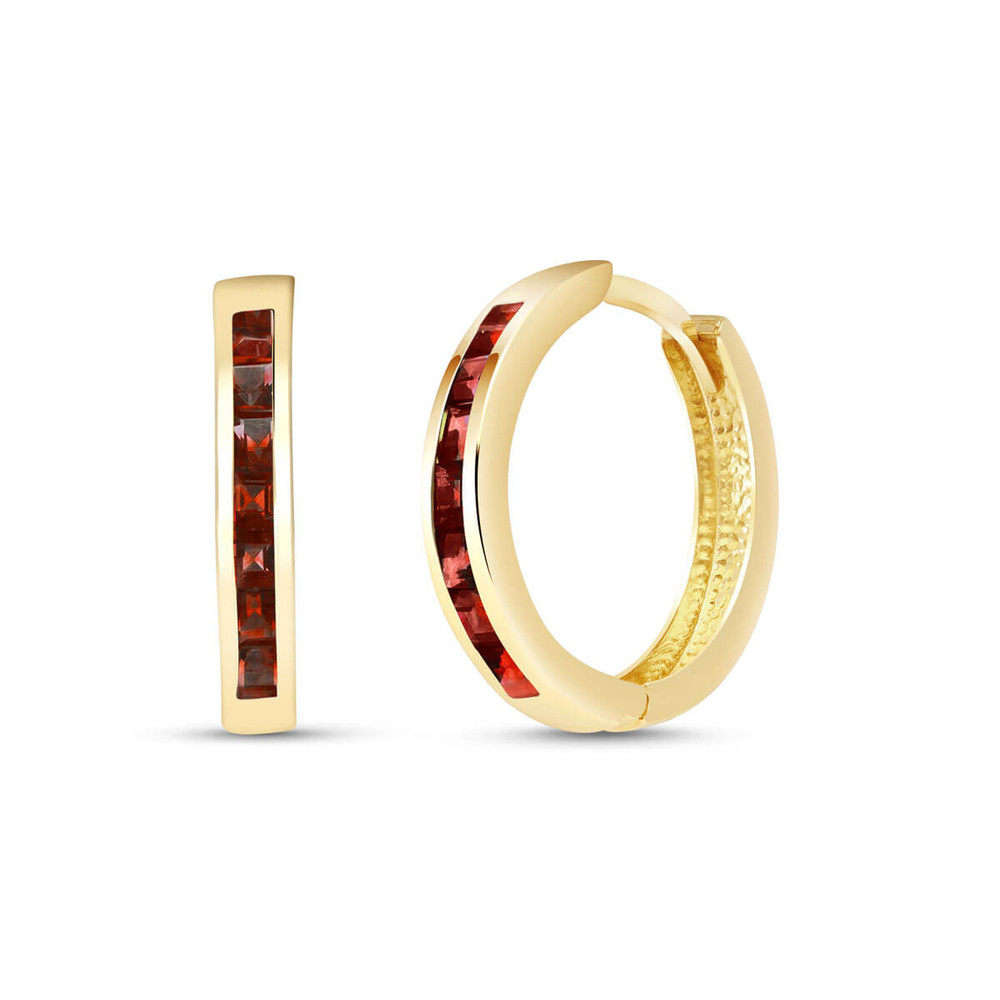 14K. SOLID GOLD HOOP HUGGIE EARRING WITH GARNETS (Yellow Gold) - Picture 1 of 1